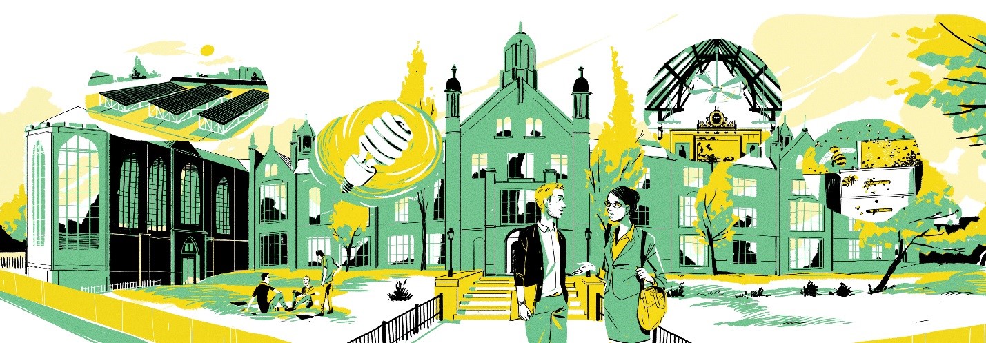 Illustration of Trinity College front campus with green initiatives